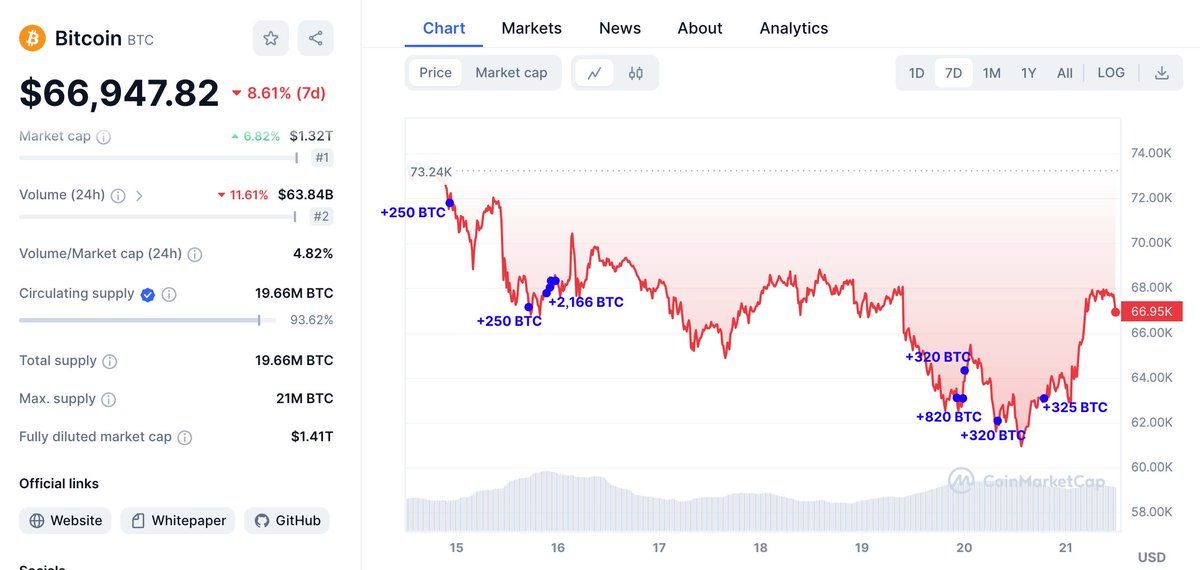 【实时分析】巨鲸一直在买$BTC自$BTC以来下跌3 月 14 日下降。他从 #Binance 积累了 4,451 美元BTC（2.946 亿美元），平均价格为 66,195 美元。随着BTC