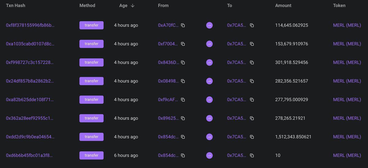 【实时分析】这家伙收到了了 292 万 $MERL 的 #空投，价值 397 万美元！#Merlinscan.merlinchain.io/address/0x...